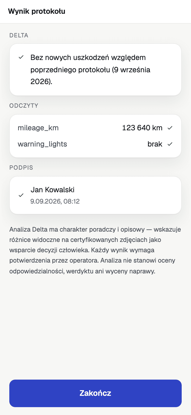 Ekran aplikacji terenowej EviTrust: werdykt porównania z poprzednim protokołem