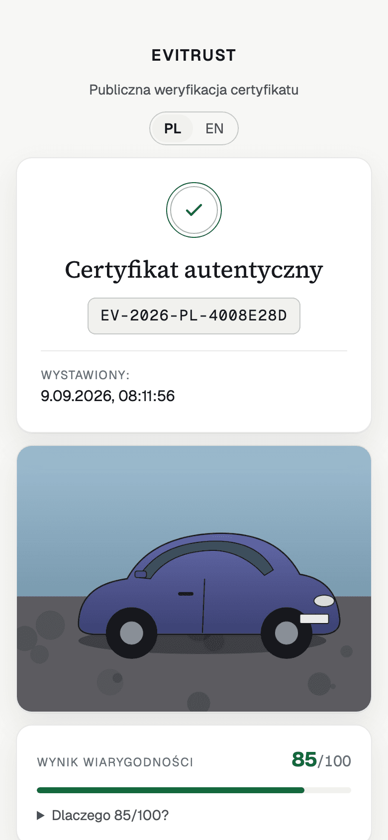 Strona weryfikacji certyfikatu EviTrust na telefonie z werdyktem „Certyfikat autentyczny"